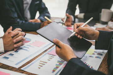 Group of business people doing bookkeeping, colleagues discussing, start planning, sharing ideas, working together in modern office. Meeting Teamwork successful business job interview ideas