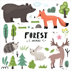 Set of forest animals made in flat style vector. Zoo cartoon collection for children book and posters. Bear, fox, here, hadgehog, deer