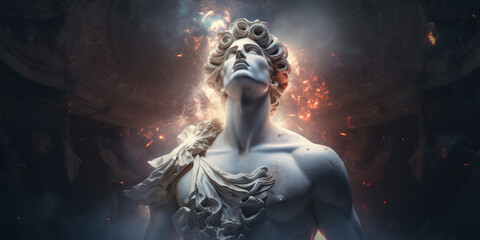 Apollo bust sculpture, Ancient Greek god of Sun and Poetry. Generative AI