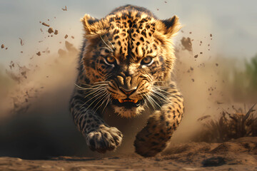Majestic feline leopard head-on attack fierce predator in natural habitat. - obrazy, fototapety, plakaty