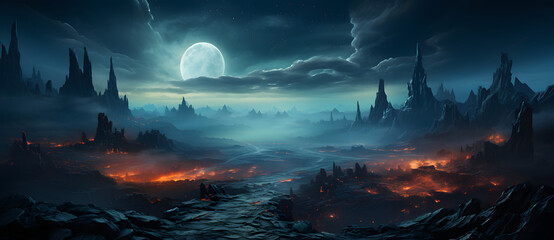 Fototapeta na wymiar a dark fantasy landscape shows the rising moon and fire Generated by AI