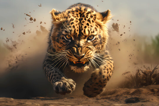 Majestic feline leopard head-on attack fierce predator in natural habitat.