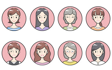 様々な年代の大人女性　ポジティブな表情　丸いアイコンセット　ピンク