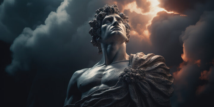 Apollo bust sculpture, Ancient Greek god of Sun and Poetry. Generative AI