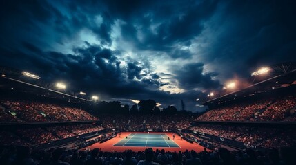 Fototapeta na wymiar Thrilling tennis stadium, packed stands, dazzling lights
