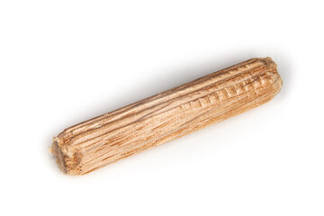 single oak dowel pins on white  background, dowel pins used to join two pieces of wood, joint, joinery
