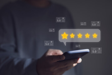Five-star customer rating via smartphone customer experience concept best service for satisfaction service satisfaction Show satisfaction through icons