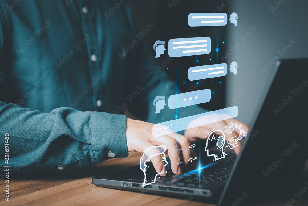 Fototapete Chatbot Chat with AI, Artificial Intelligence. Adult man chatting with a smart AI or artificial intelligence using an artificial intelligence chatbot developed, Futuristic technology transformation.
