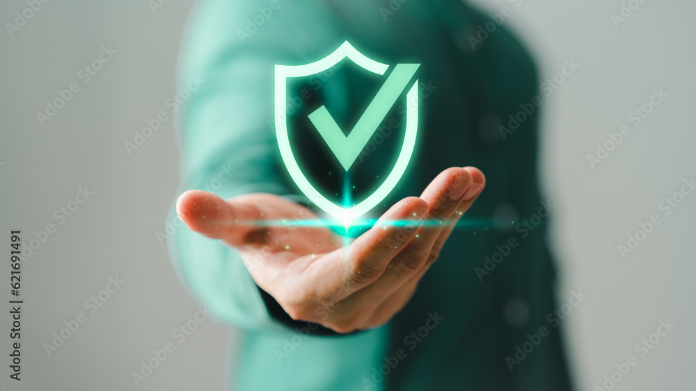 Poster User is showing on hand identity proofing icon for security protection system on virtual screen. Quality assurance of business service. Certified guarantee approval or secure access system concept.
