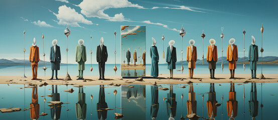 many suits and ties stand in front of a body of water Generated by AI