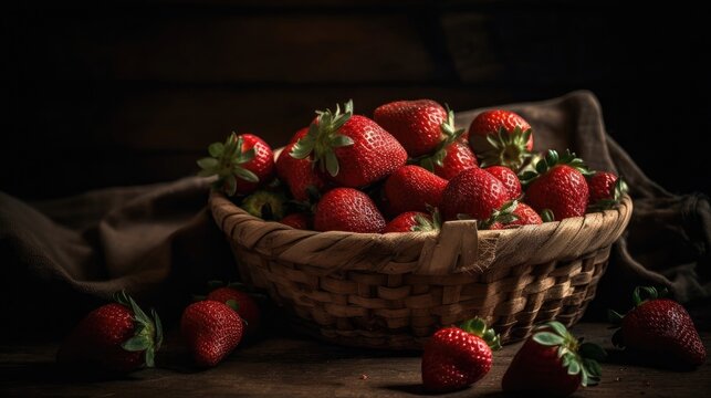 Fresh Strawberries in a bamboo basket with blur background