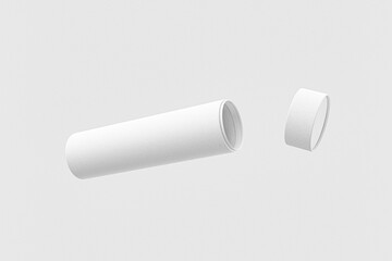 Open Cylinder Paper box mockup,  Floating paper tube with lid open on white background, round white paper tube packaging, long tube rigid box container 3D render, cylinder parcel packaging mockup