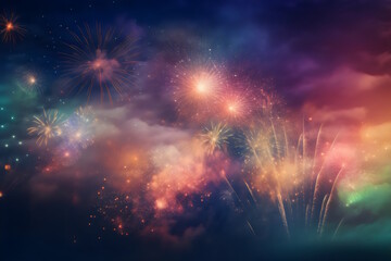 New Year's Party Fireworks: Vibrant Horizontal Background for a Dazzling Celebration. Generative AI