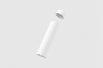 Open Cylinder Paper box mockup,  paper tube with lid open floating vertically on white background, round paper tube packaging, long tube rigid box container 3D render, cylinder parcel packaging mockup