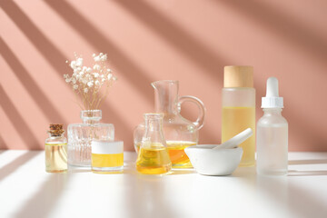 the set of natural skin care with organic oil and flower. Clean cosmetic concept and beauty spa. horizontal