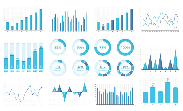 Set of bar graphs and line charts, circle progress indicators, vector eps10 illustration