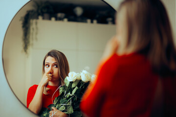 Woman Unhappy with the Scent of the Roses she Received. Stressed lady feeling deception with bad...