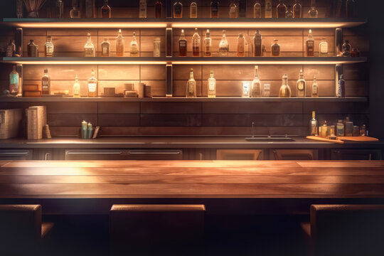 Empty bar counter in cafe, club, restaurant, evening time dark background, blur bokeh. Template alcoholic drinks, bar cocktails