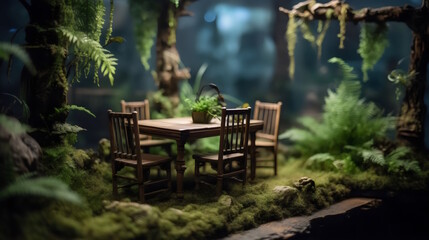 Naklejka premium Ultra-Realistic Wilderness with Gloomy Ferns, Vines, and Close-Up Detail - Perfect for Tabletop Gaming - Clean Wooden Table, Chairs, and Low-Light Ambiance. Generative AI