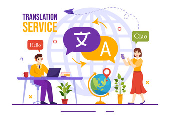 Translator Service Vector Illustration with Language Translation Various Countries and Multilanguage Using Dictionary in Hand Drawn Templates