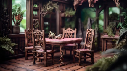 Fototapeta na wymiar Ultra-Realistic Wilderness with Gloomy Ferns, Vines, and Close-Up Detail - Perfect for Tabletop Gaming - Clean Wooden Table, Chairs, and Low-Light pink Ambiance. Generative AI