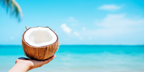 Fototapeta na wymiar Beautiful coconut in hand on the background of the blue sea. Banner. Generative AI