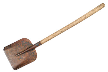 Old shovel on a white background. Rusty shovel with a shaft, isolated on a white background.
