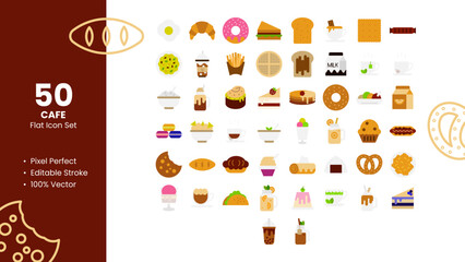 Set of 50 flat icons related to Cafe Food and Beverages. Pixel Perfect Icon. Flat icon collection. Fully Editable. Vector illustration.