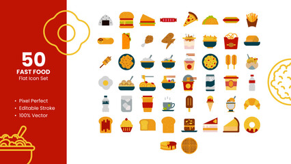 Set of 50 flat icons related to Fast Food. Pixel Perfect Icon. Flat icon collection. Fully Editable. Vector illustration.