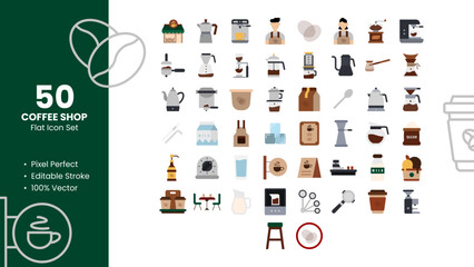 Set of 50 flat icons related to Coffee Shop. Pixel Perfect Icon. Flat icon collection. Fully Editable. Vector illustration.