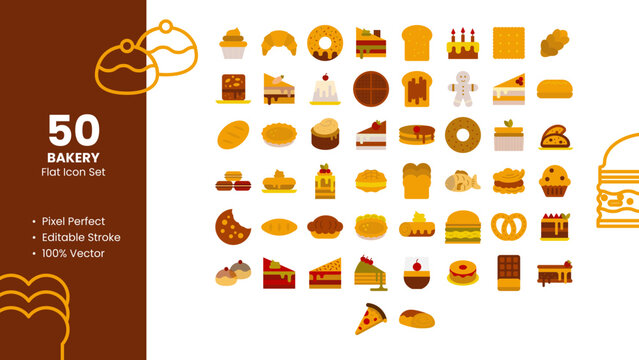 Set of 50 flat icons related to Bakery Product. Pixel Perfect Icon. Flat icon collection. Fully Editable. Vector illustration.