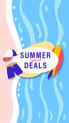 Summer sale social media story.  Vertical template post for reel promotion content.