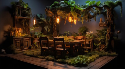 Fototapeta na wymiar Ultra-Realistic Wilderness with Gloomy Ferns, Vines, and Close-Up Detail - Perfect for Tabletop Gaming - Clean Wooden Table, Chairs, and Low-Light Ambiance. Generative AI
