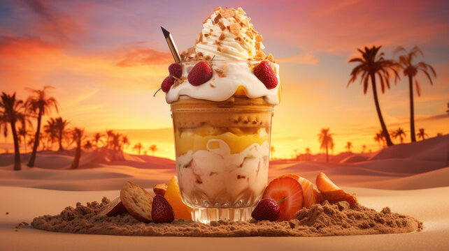 Desert's Sweet Escape: AI-Crafted Dessert Graphic with Frape, Cookies, and Cream in a Desert Setting