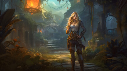 Female Character Concept Art in Enchanting Fantasy Landscape with Vibrant Colors, and Breathtaking Lighting. Generative AI