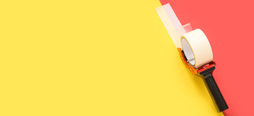 Packing tape dispenser on red and yellow background with space for text