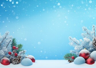 Fototapeta na wymiar Christmas background with fir tree branches, red balls and snowflakes