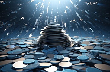 3d illustration of stack of coins over blue background with light rays