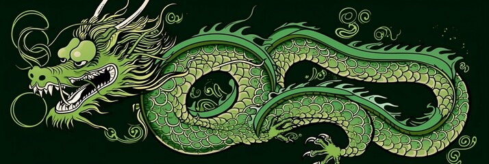 Traditional Asian dragon green flying 2024 Chinese New Year zodiac sign. banner Generative ai