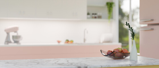Close-up image of a luxury white marble kitchen tabletop with copy space