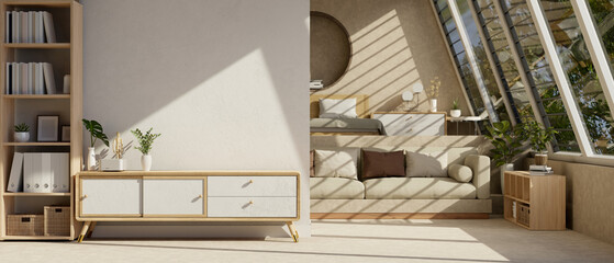 Obraz na płótnie Canvas Interior design of a Scandinavian and comfortable bedroom with home decor.