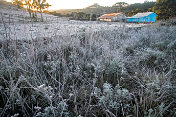 Inverno com neve. Geada em estrada em Sao Joaquim. Santa Catarina.