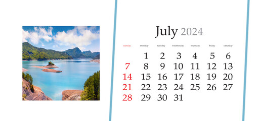 Set of horizontal flip calendars with amazing landscapes in minimal style. July 2024. Beautiful summer view of Serre-Poncon lake, Provence Alpes Cote d'Azur, France, Europe.