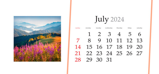 Set of horizontal flip calendars with amazing landscapes in minimal style. July 2024. Colorful morning scene of mountain valley with Chamaenerion angustifolium flowers, Carpathians, Ukraine.