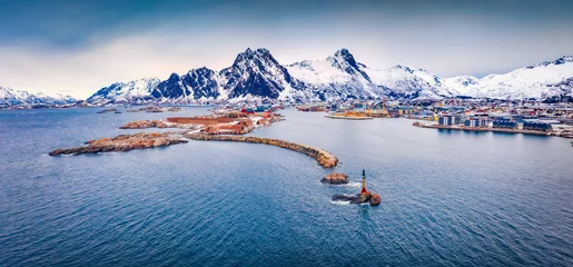 Poster Panorama of Svolver town. Picturesque morning seascape of Norwegian sea, Lofoten Islands, Norway, Europe. Traveling concept background. Life over Polar Circle. © Andrew Mayovskyy