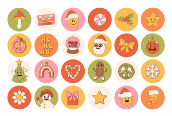 Groovy hippie Christmas round stickers. Santa Claus, Christmas tree, gifts, rainbow, peace, ho ho ho, winter, gingerbread in trendy retro cartoon style. Cartoon characters and elements.
