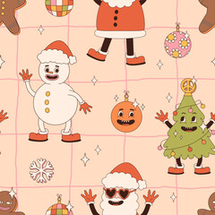 Groovy hippie Christmas seamless pattern. Smile, peace, wave, disco ball, mushroom in trendy retro cartoon style. Merry Christmas and Happy New year backgrounds, textile, wrapping paper, wallpaper.