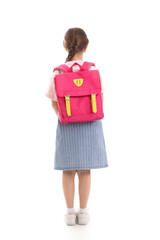 Little schoolgirl with backpack on white background, back view