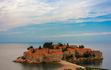 Fototapeta na wymiar Sveti Stefan island in Budva on a beautiful spring day, Montenegro