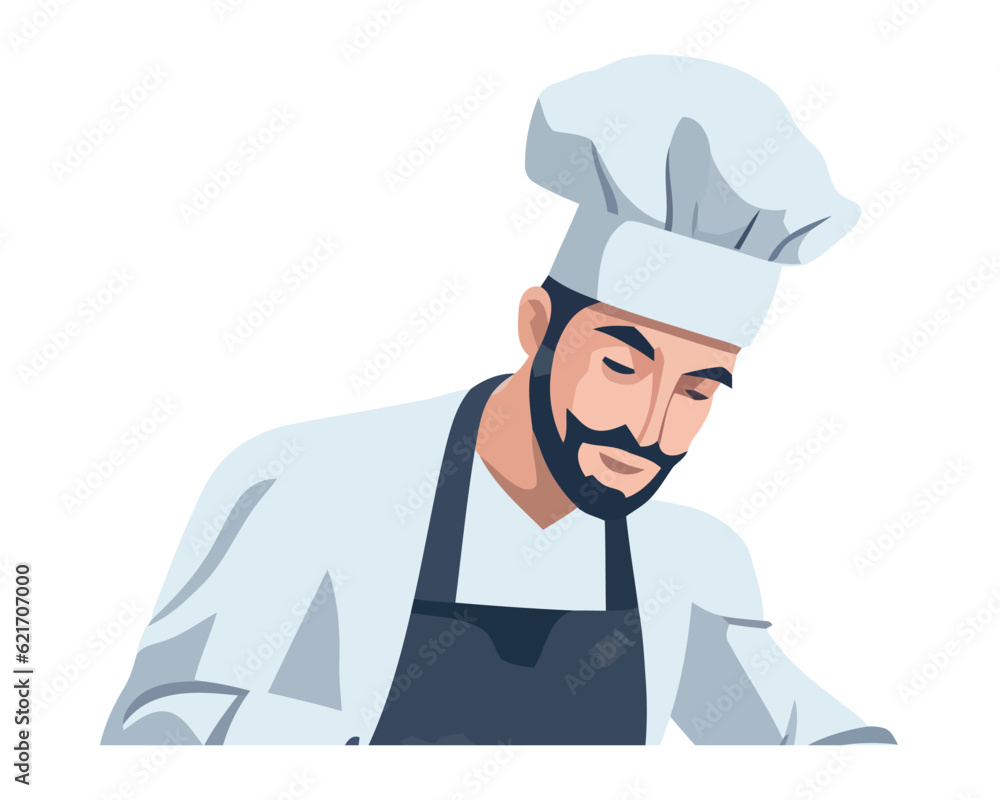 Sticker chef in uniform cooking gourmet meal, smiling